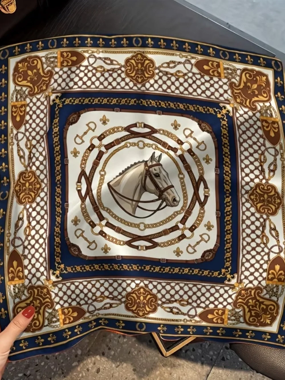 Decorative Horse-Print Scarf in Navy and Gold